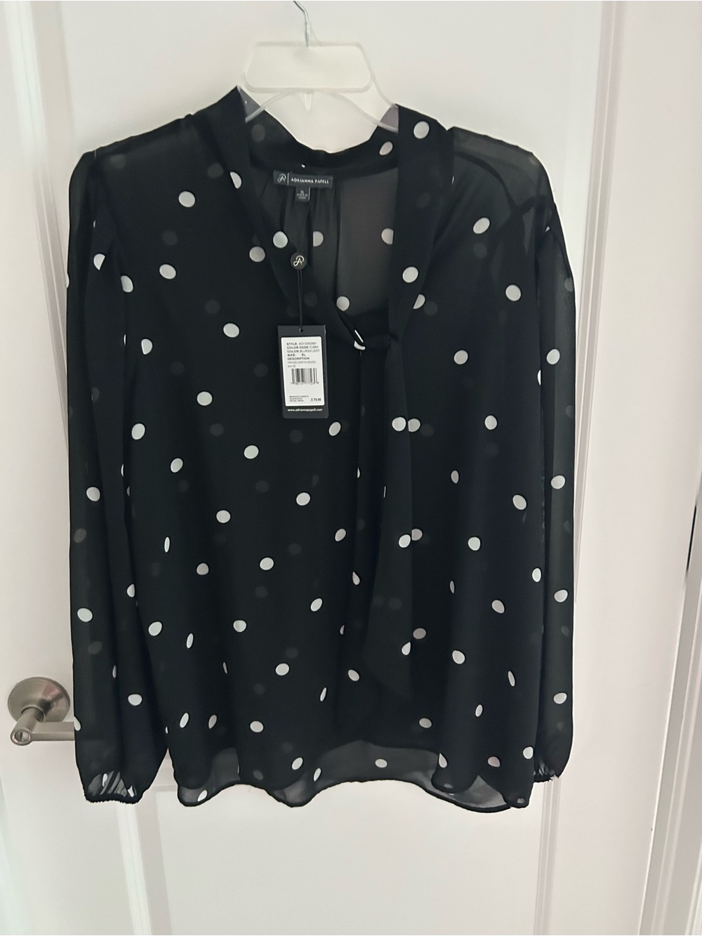 Adrienne Papell Black Polka Dot Tie-Neck Blouse